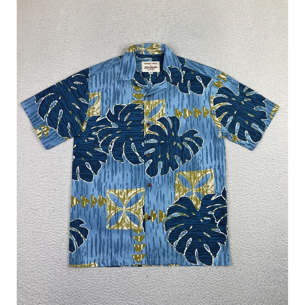 Trader Joe's X Hilo Hattie Shirt Mens XS Blue‎ Hawaiian Short Sleeve Button Up